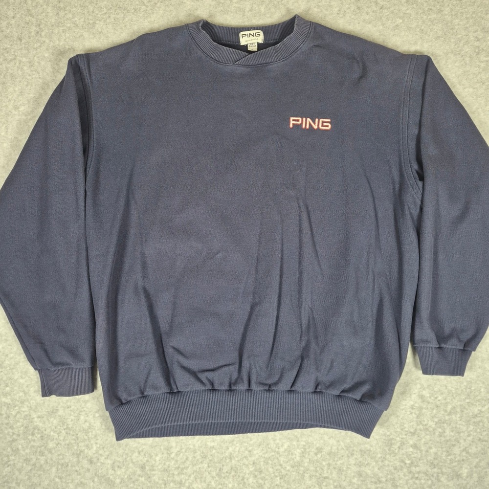 Vintage Ping Sweatshirt Mens Large Navy Blue Cotton Knit Pullover Made in USA